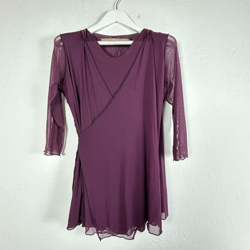 Cynthia Ashby Women's Crew Neck Sheer 3/4 Sleeve Casual Wrap Blouse Purple Small